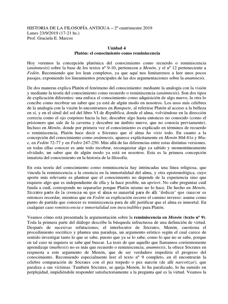 Reminiscencia En Menon Y Fedon Pdf Platon Socrates