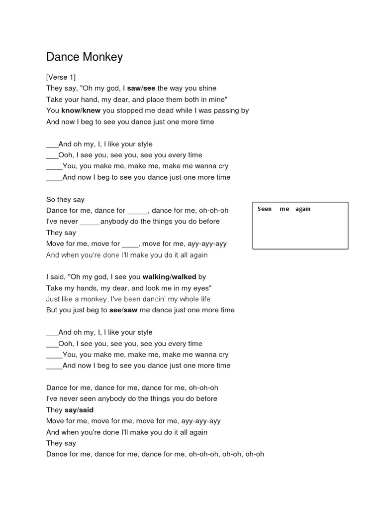 Dance Monkey song and nursery rhyme…: English ESL worksheets pdf & doc