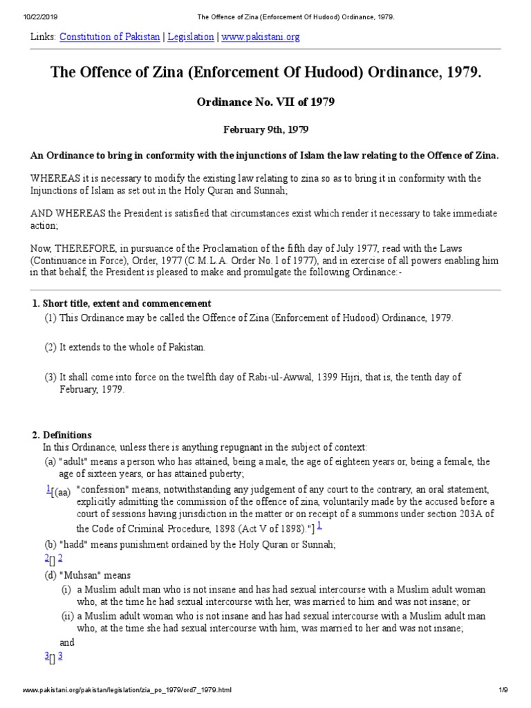The Offence Of Zina Enforcement Of Hudood Ordinance 1979 PDF 