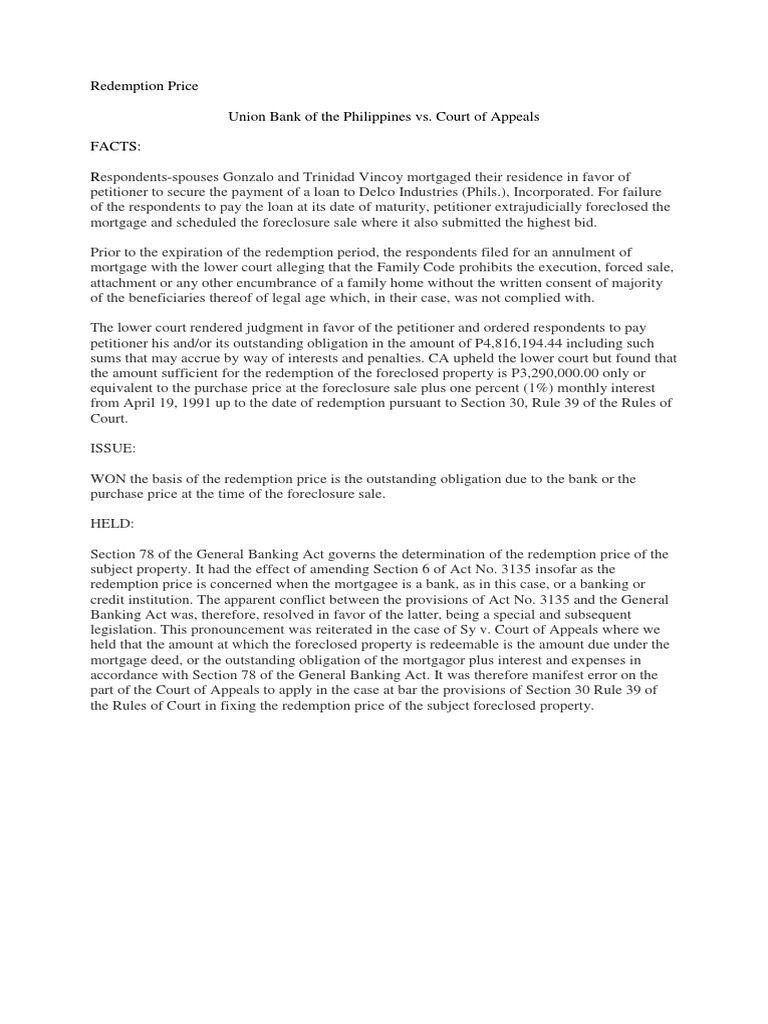 Redemption Price Union Bank of The Philippines vs. Court of Appeals Facts R PDF Foreclosure