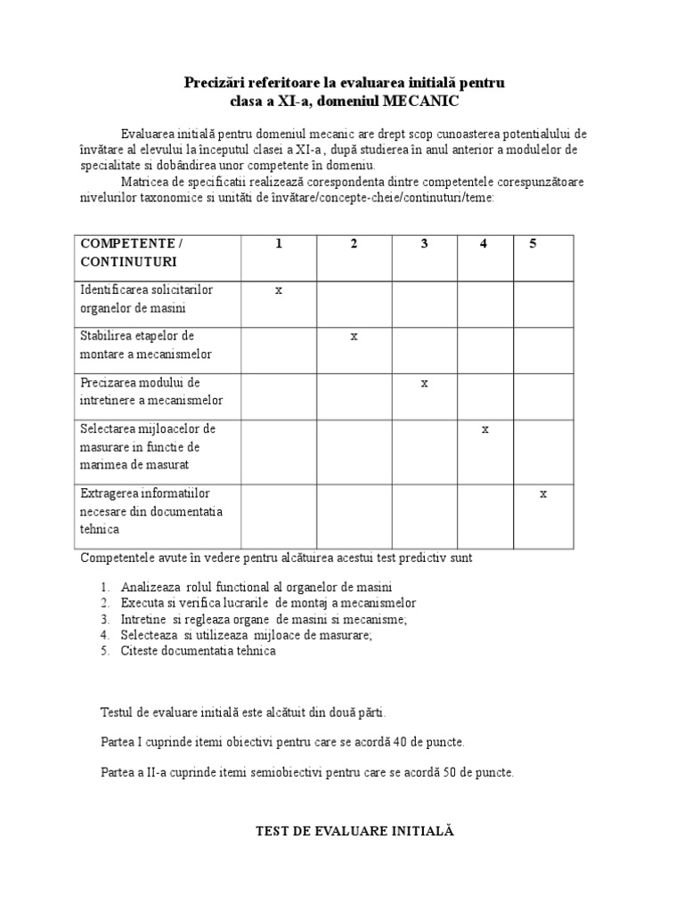 Test Initial XI +barem Mecanica-1 | PDF