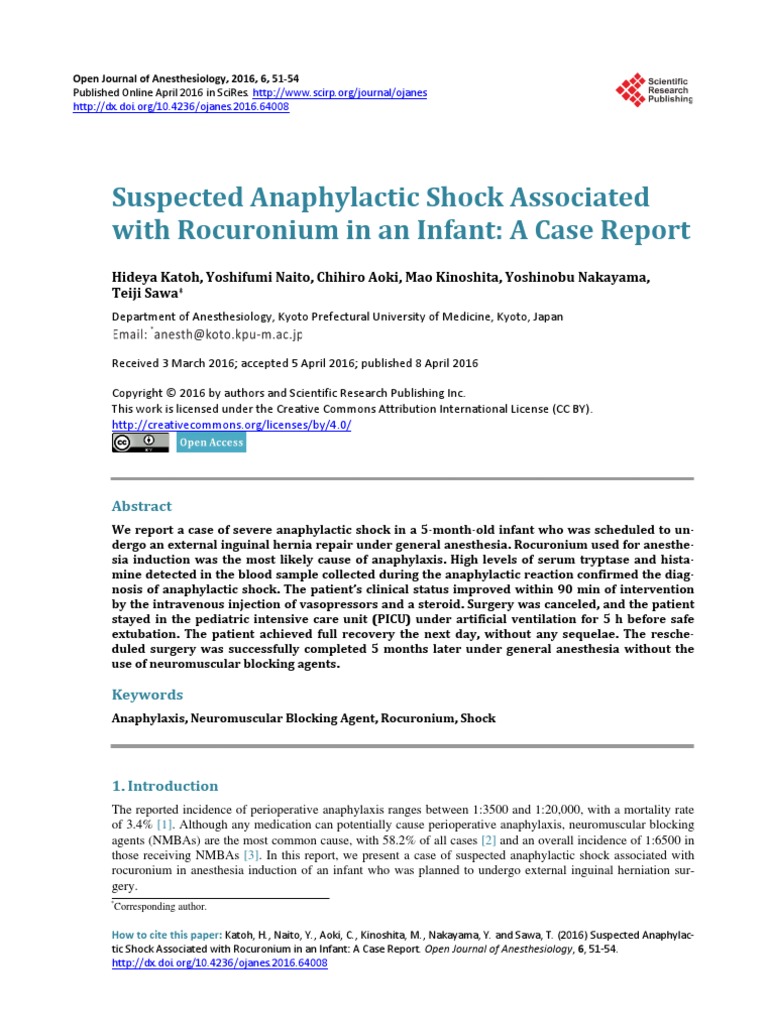 Suspected Anaphylactic Shock Associated With Rocuronium in An Infant: A ...
