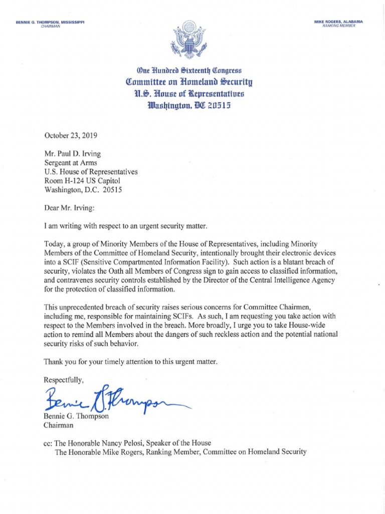 Rep. Bennie G. Thompson Chairman of The Committee On Homeland Security