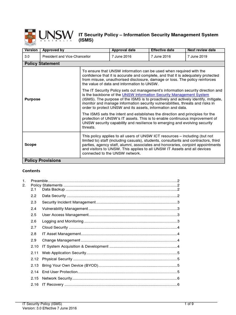 UNSW IT Security Management Policy | PDF | Information Security | Risk ...