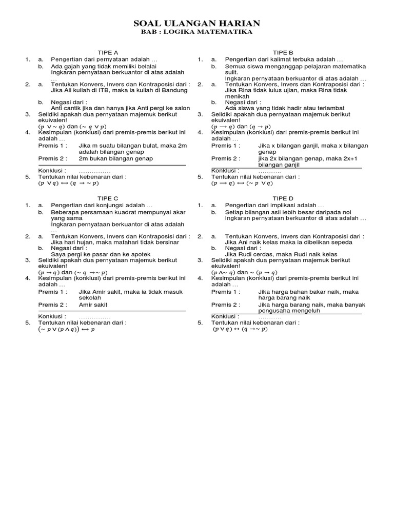 Soal Ulangan Logika Matematika