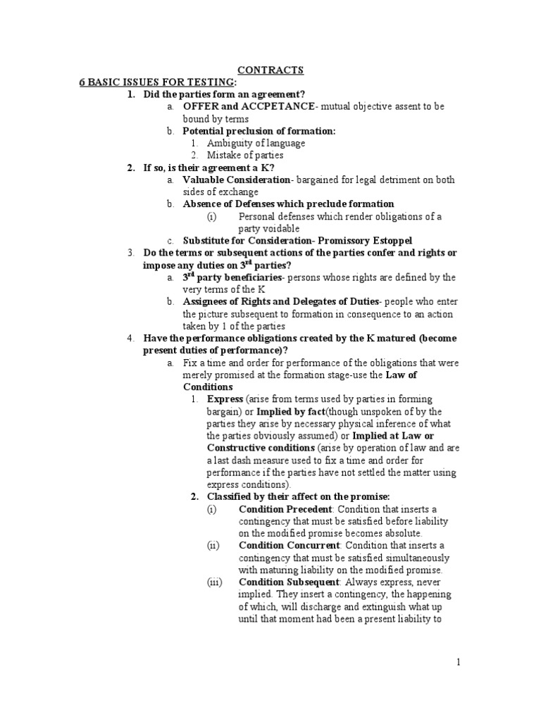 Bar Exam Contracts Outline Offer And Acceptance Consideration