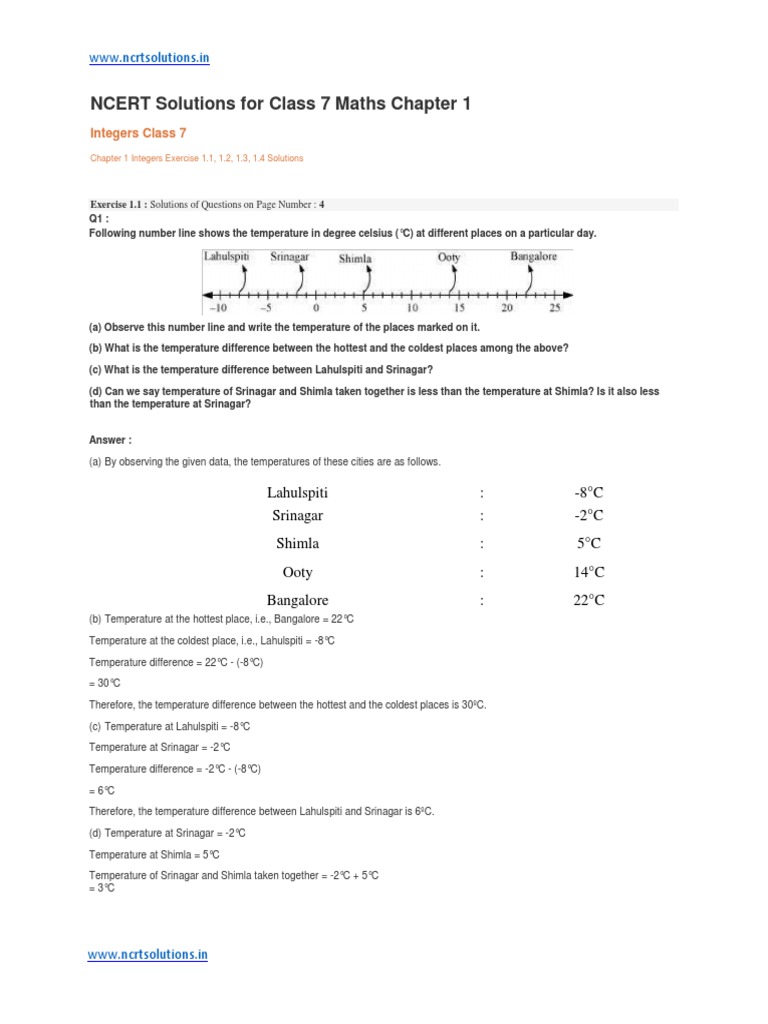 NCERT Solutions For Class 7 Maths Chapter 1 | PDF | Celsius | Numbers