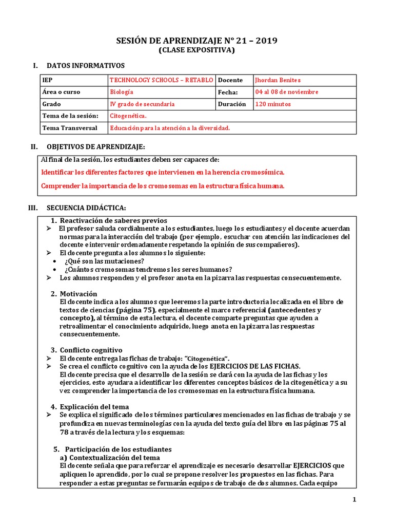 Sesión de Aprendizaje #21 - 4to Secundaria - Biología | PDF | Citogenética  | Aprendizaje, image size:768x1024
