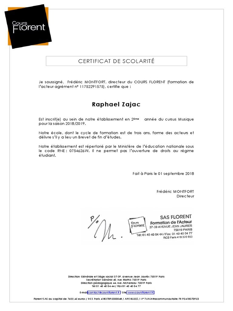 Certificat de scolarité 20182019