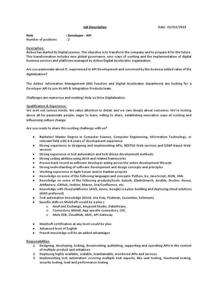 JD API Developer D18033024 v1.1 | PDF | Software Development ...