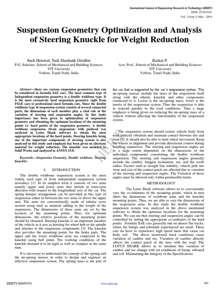 Ijert Ijert Suspension Geometry Optimization and Analysis of Steering Knuckle For Weight