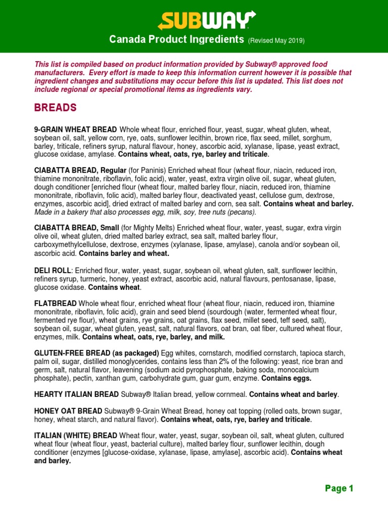 Can Prod Ingredients Subway PDF Mustard (Condiment) Flour