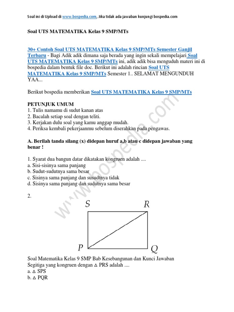 30 Contoh Soal Uts Matematika Kelas 9 Smp Mts Semester Ganjil