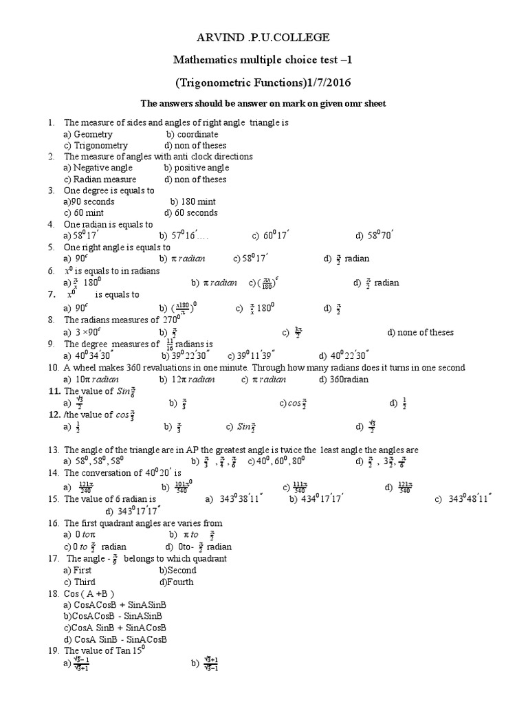 Trigonometry MCQ Test for Students | PDF | Trigonometric Functions ...