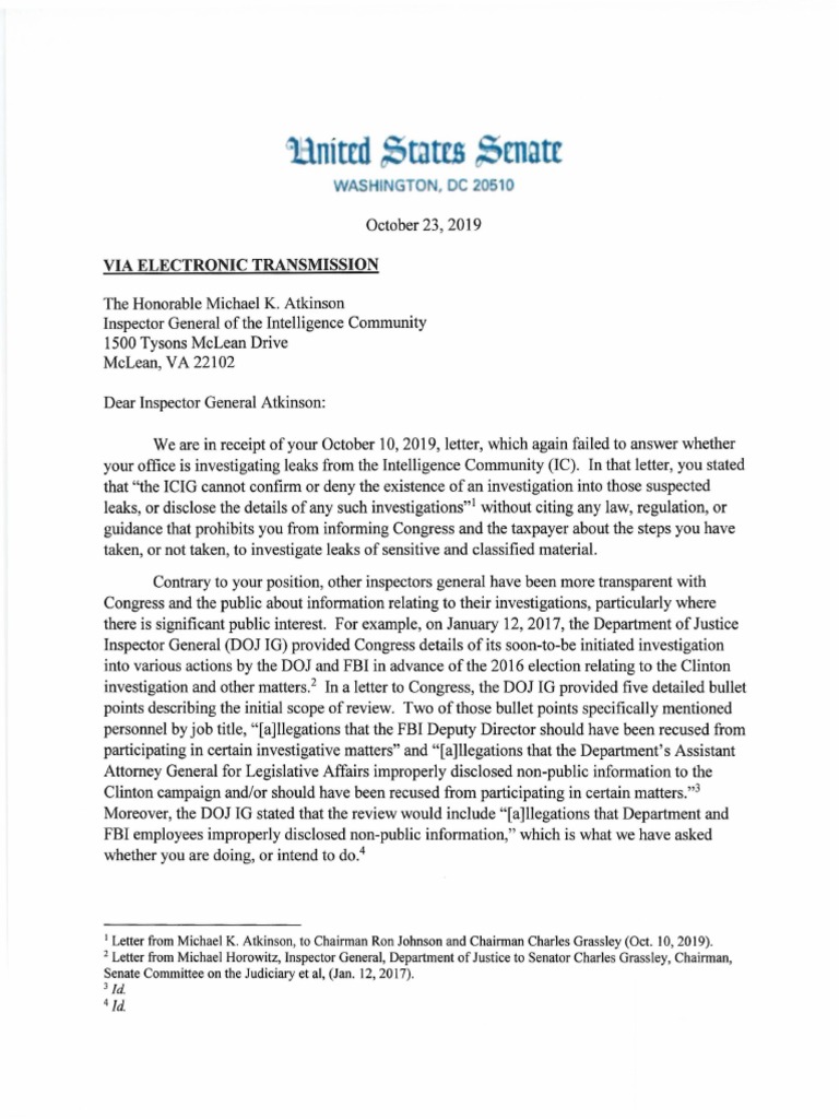 Intel Committee Leader To ICIG | PDF