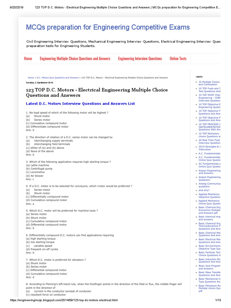 DC Motors Mcqs PDF Electric Motor Multiple Choice