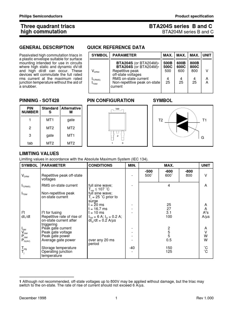 Three Quadrant Triacs BTA204S Series B and C High Commutation | PDF ...
