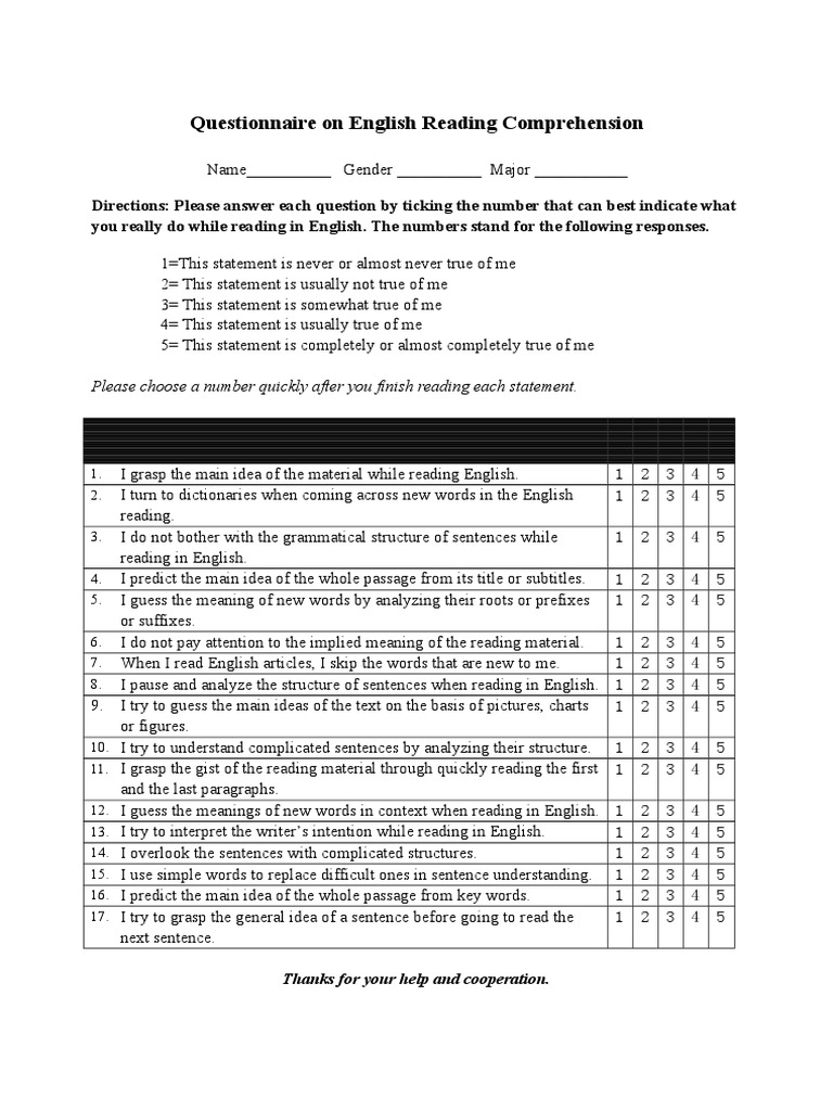 Questionnaire english reading comprehension english language word