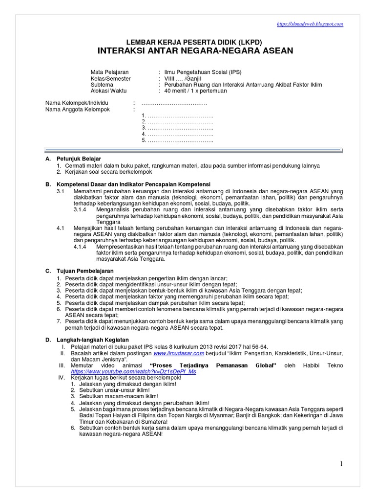 Lkpd Perubahan Ruang Dan Interaksi Antarruang Akibat Faktor Iklim Kelas 8
