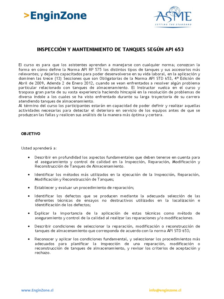 ASME Inspección y Mantenimiento de Tanques Según API 653 | PDF | Ingeniería