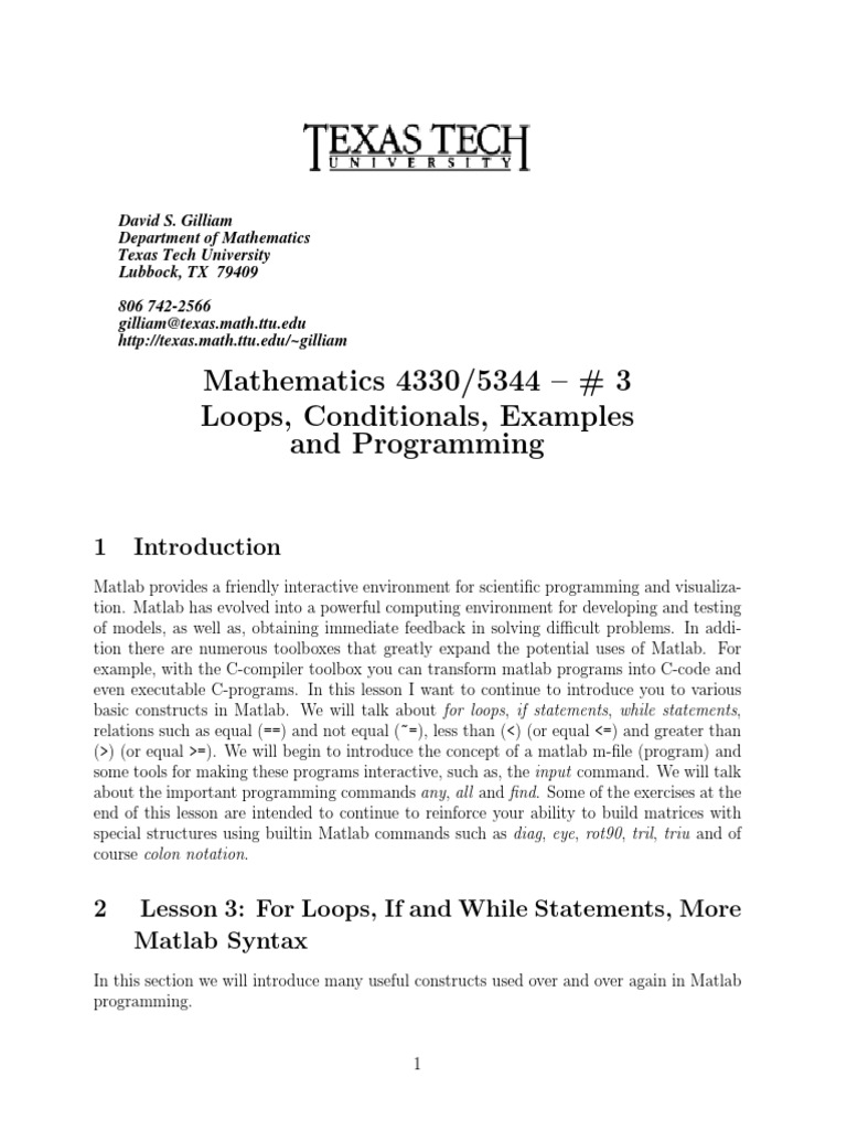 Mathematics 4330/5344 - # 3 Loops, Conditionals, Examples and ...