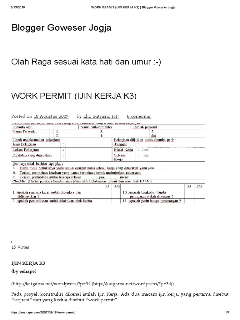 Work Permit (Ijin Kerja k3) - Blogger Goweser Jogja | PDF
