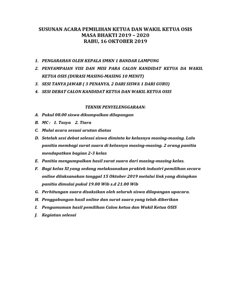 Susunan Acara Pemilihan Ketua Dan Wakil Ketua Osis Docx