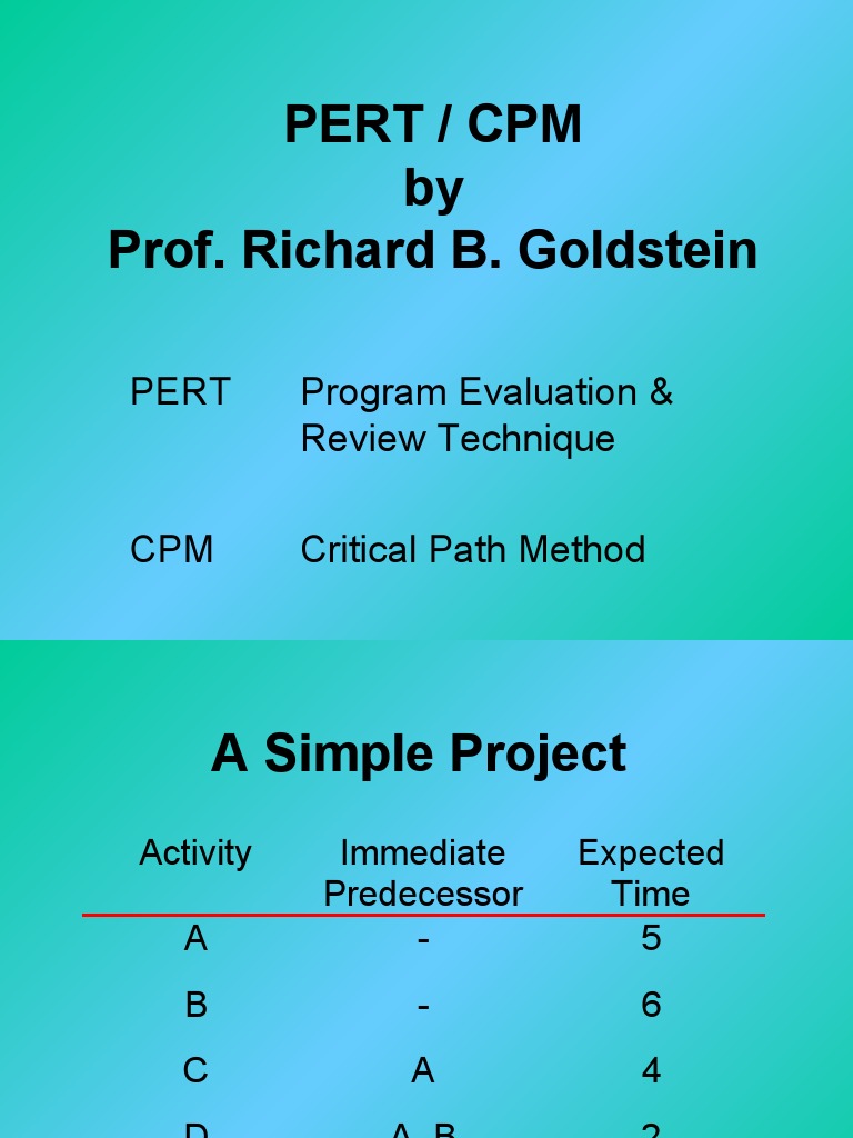 Pert / CPM by Prof. Richard B. Goldstein: Pert Program Evaluation ...