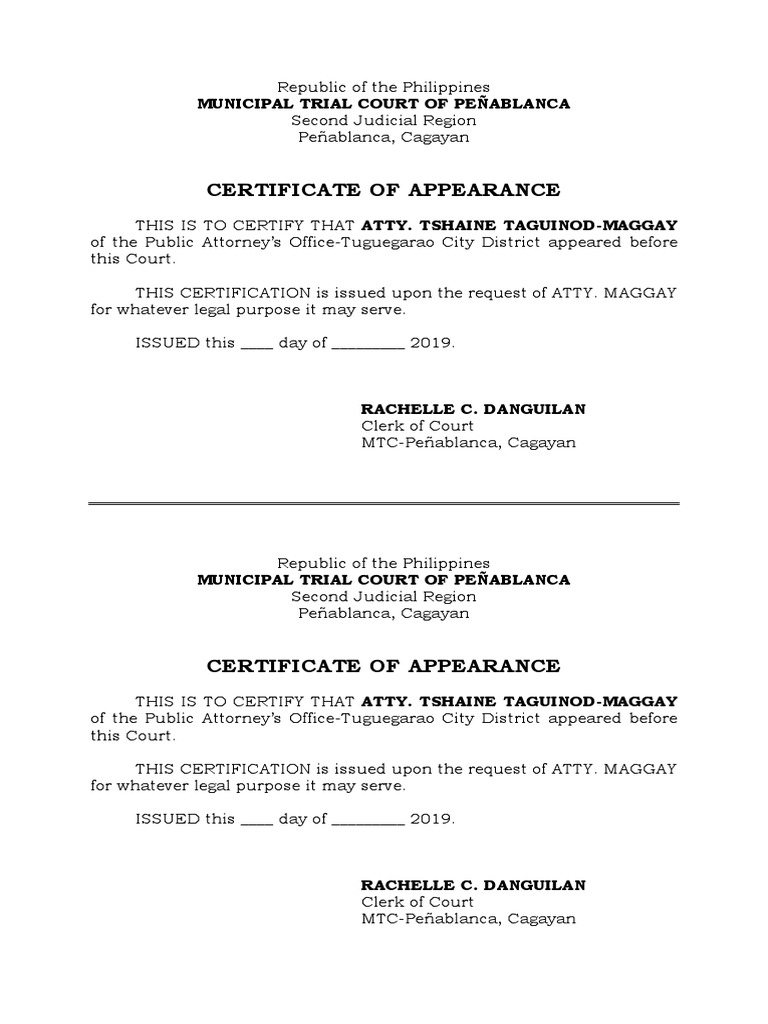 Certificate of Appearance  PDF With Certificate Of Appearance Template