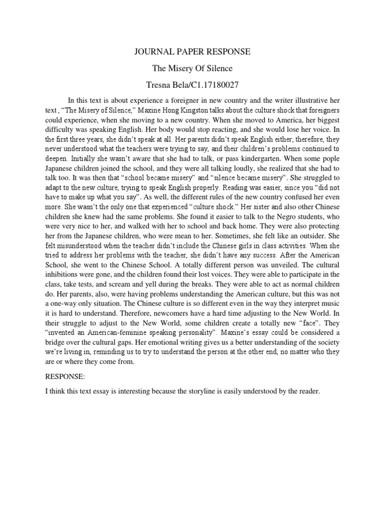 Culture Shock and Silence in Kingston's Essay | PDF | Psychology ...