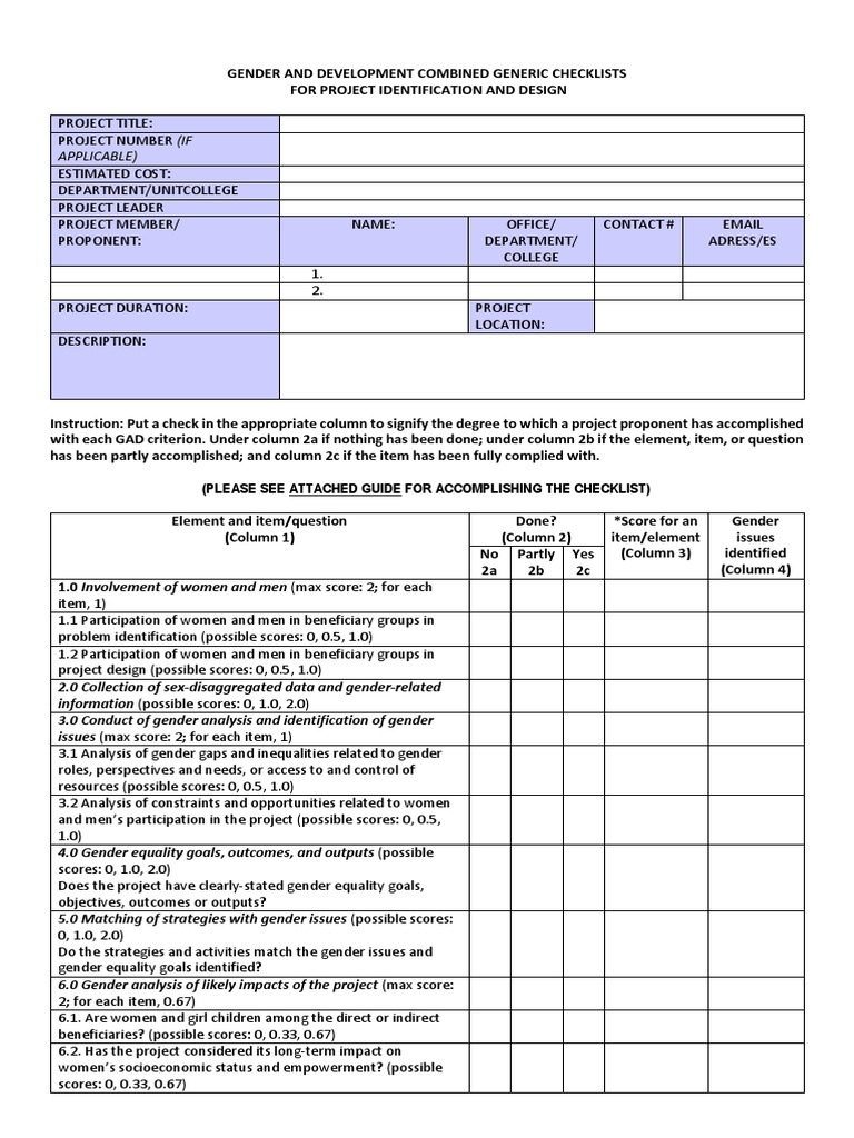 Generic Checklists For Project Identification and Design | PDF | Gender ...