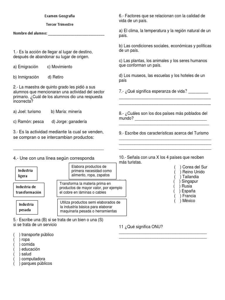 Examen de Geografía 5° Grado - Tercer Trimestre | PDF | Turismo ...