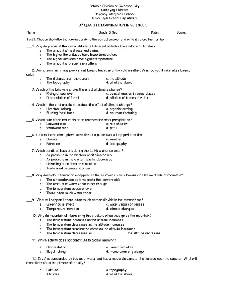 Science 9 3rd Quarter Exam | PDF | Types Of Volcanic Eruptions ...
