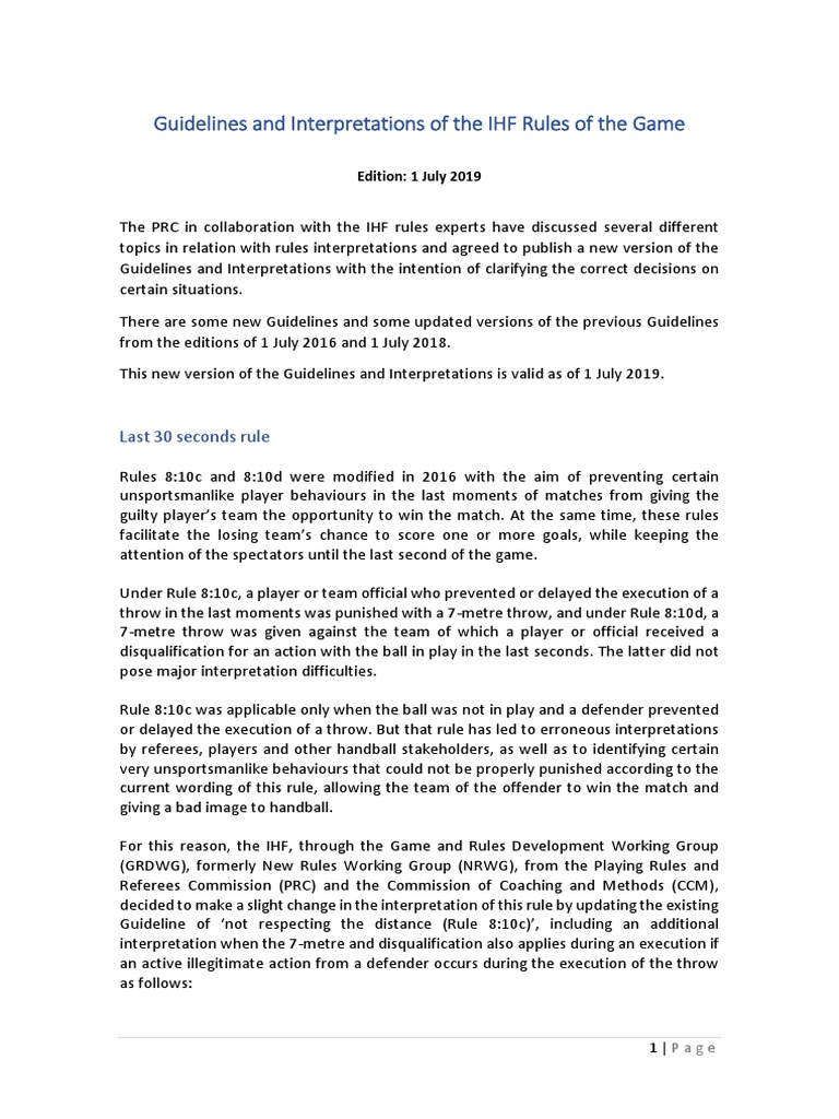 Guidelines and Interpretations of The IHF Rules of The Game Last 30