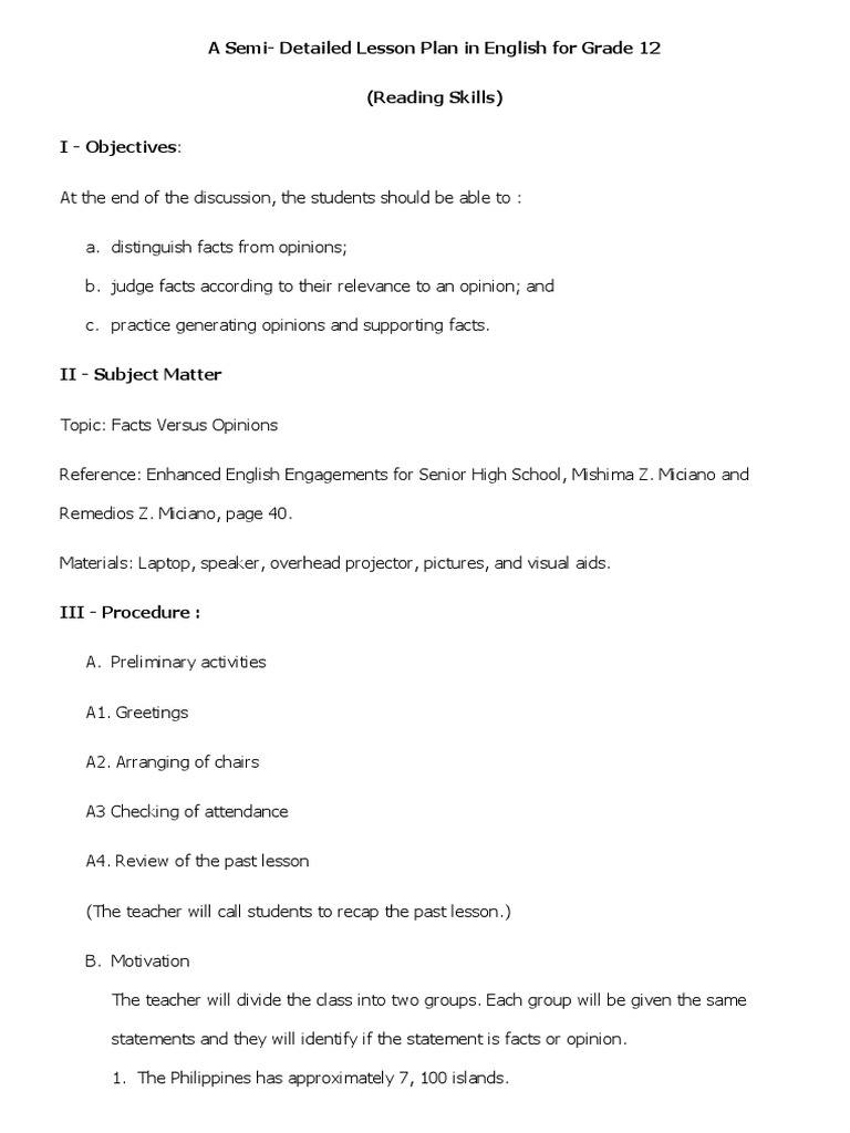 Grade 12 English Lesson Plans Overview | PDF | Opinion | Lesson Plan