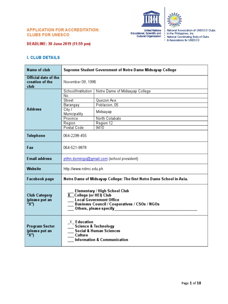 UNESCO Club Accreditation Application | PDF | Unesco