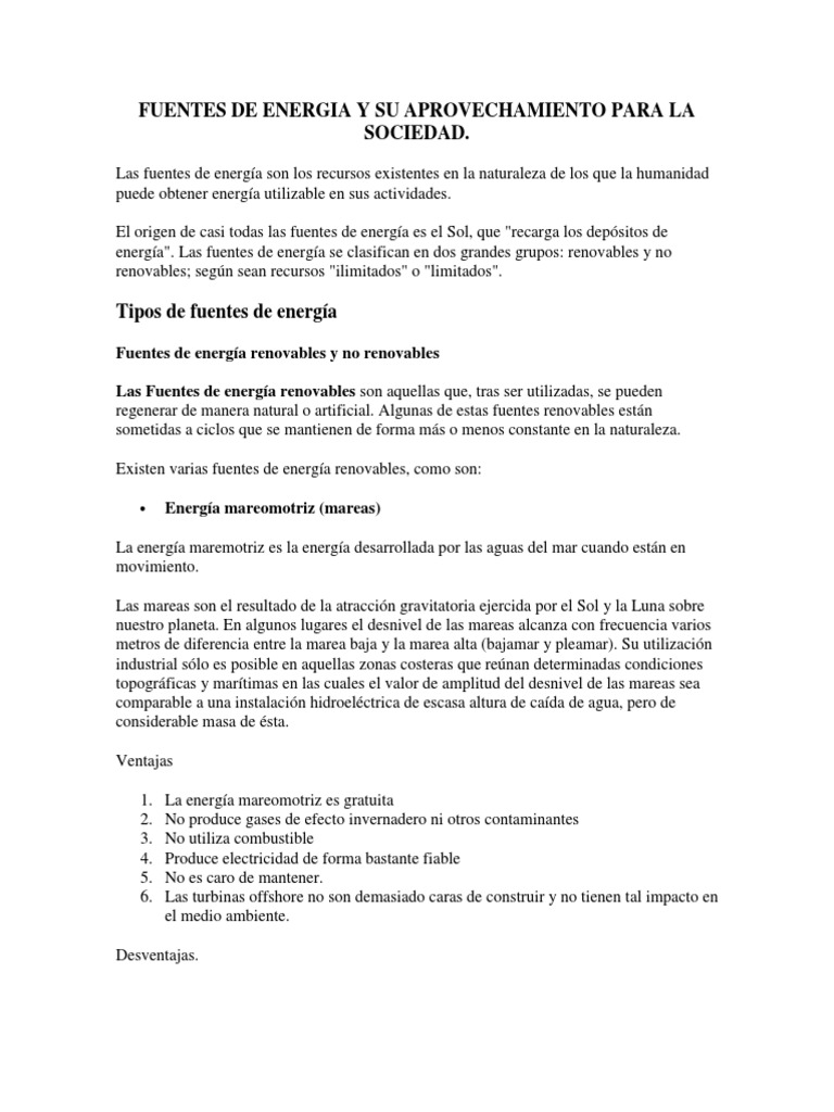 Fuentes de Energia y Su Aprovechamiento para La Sociedad | PDF ...