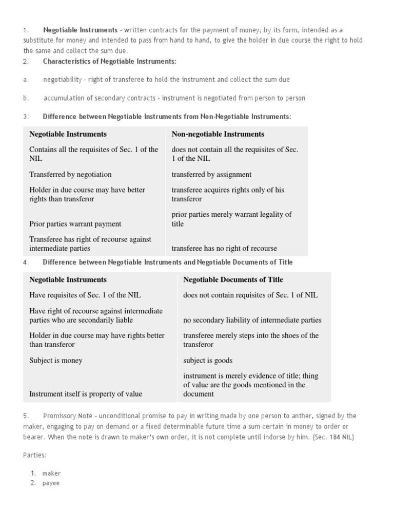 Negotiable Instruments NonNegotiable Instruments 1. Maker 2. Payee PDF