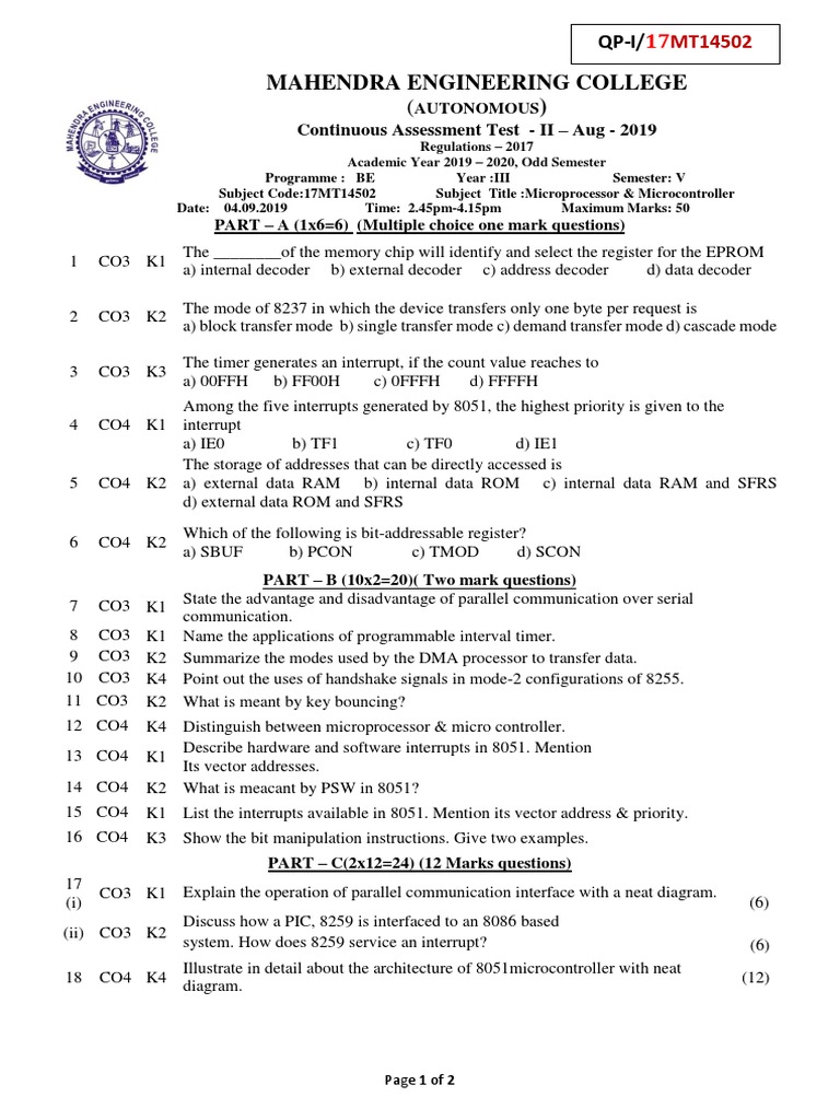 Microprocessor & Microcontroller Test 2019 | PDF | Electronic ...