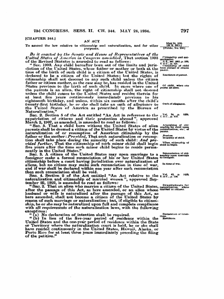 1934 Citizenship Act 73rd Congress Naturalization Citizenship