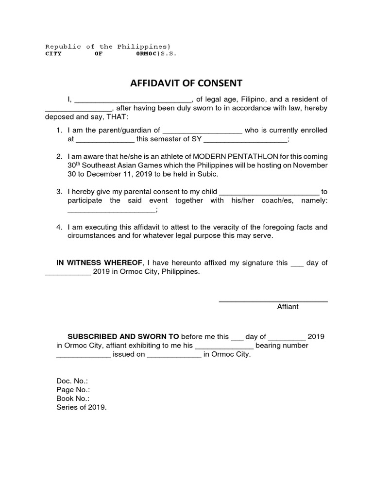 Affidavit of Consent for Athlete Participation | PDF | Law