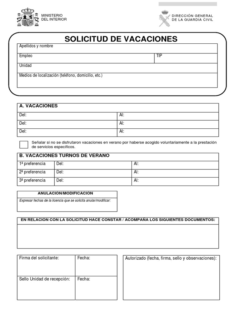 Formulario de solicitud de vacaciones