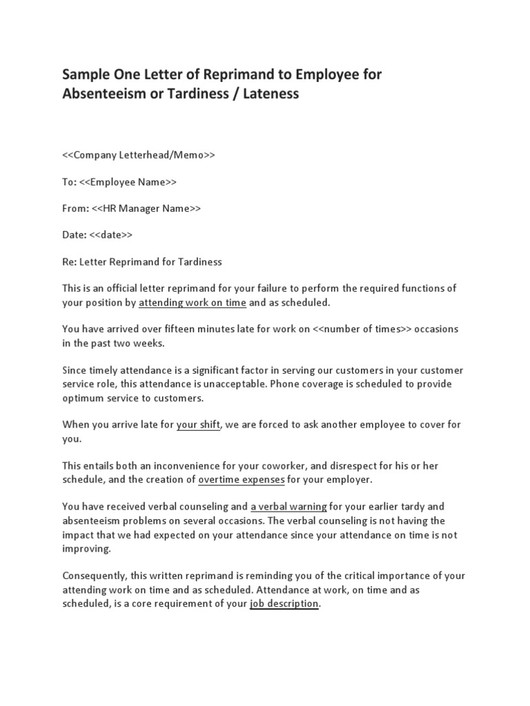 Letter of Reprimand To Employee For Absenteeism or Lateness  PDF