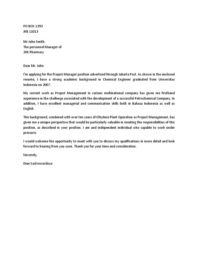 Project Manager Application Letter | PDF