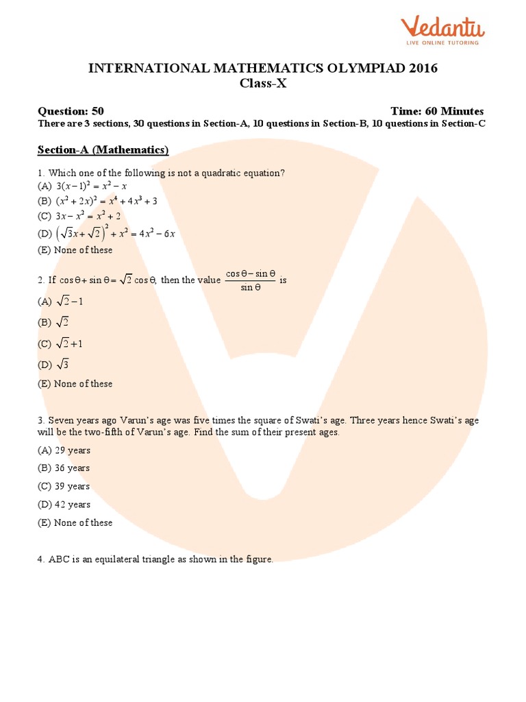 International Mathematics Olympiad 2016 Class-X: Time: 60 Minutes | PDF ...