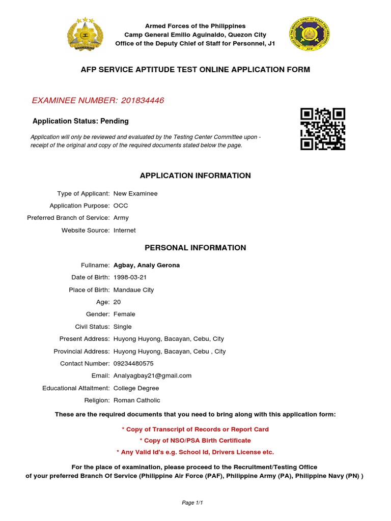 AFP Service Aptitude Test Application | PDF
