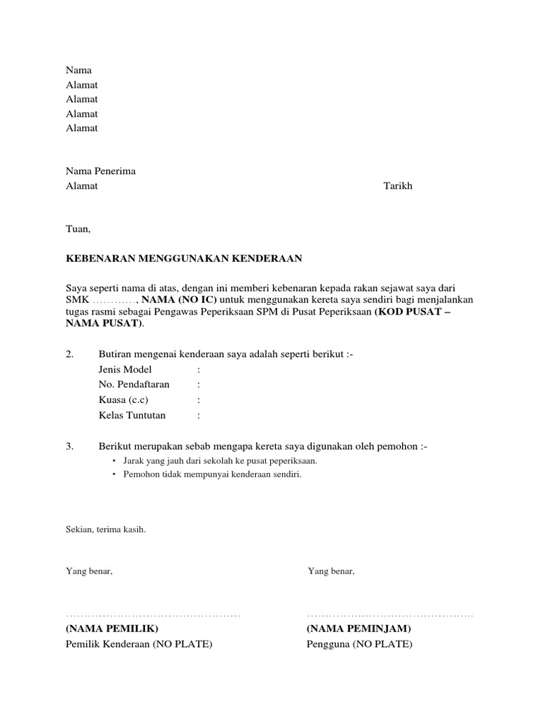 Contoh Surat Memohon Membawa Kenderaan Perlahan