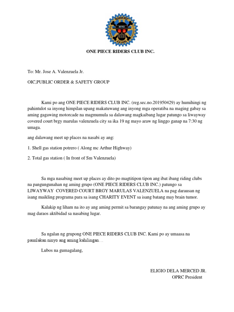 One Piece Riders Club Inc Letter | PDF
