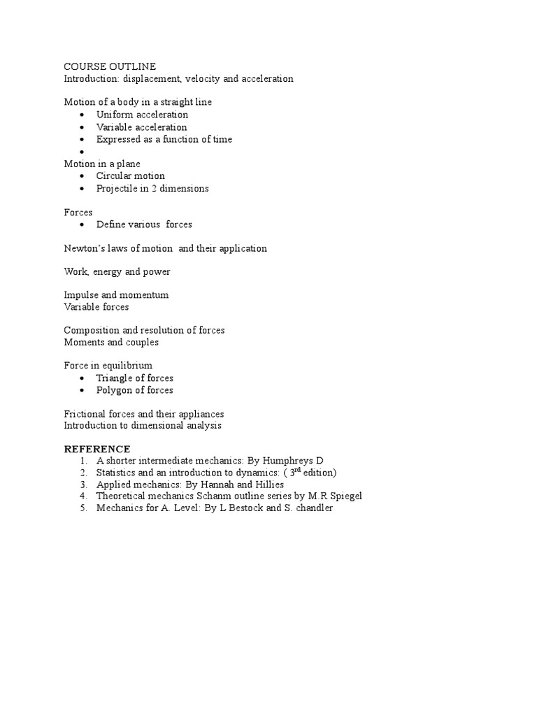 Physics Mechanics Course Outline | PDF | Acceleration | Force