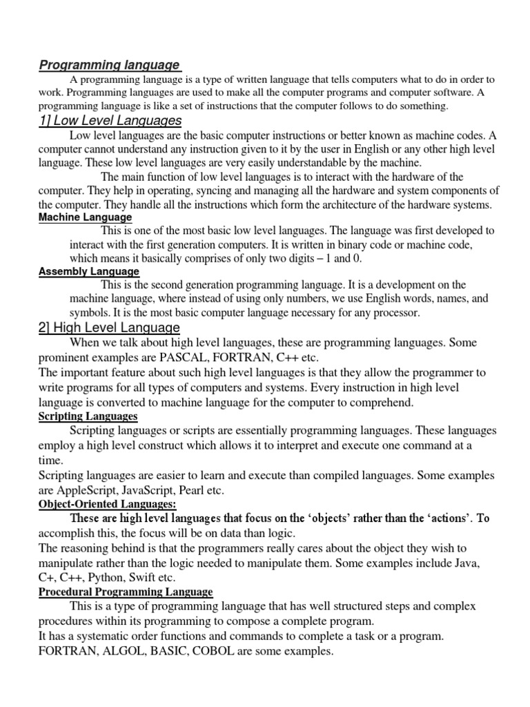 Programming Languages: An Overview of Low-Level, High-Level, Scripting ...